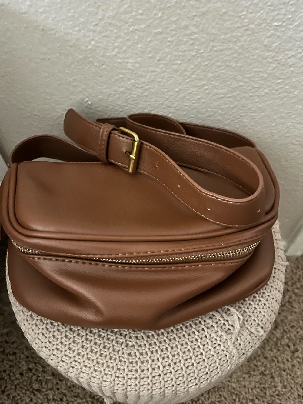 Brown Leather Crossbody Belt Fanny pack with Gold Hardware